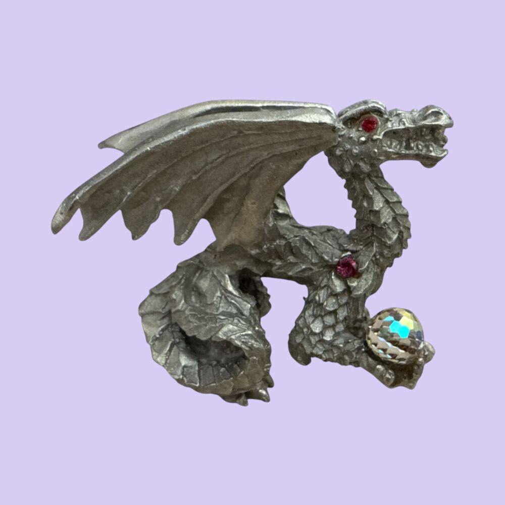 Vintage Pewter Dragon Figurine D167 Red Rhinestone Eyes Crystal Orb Fantasy